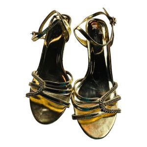 Women's Sz 10 M Gold Metallic Pumps Ankle Straps Pointed Toe Heels